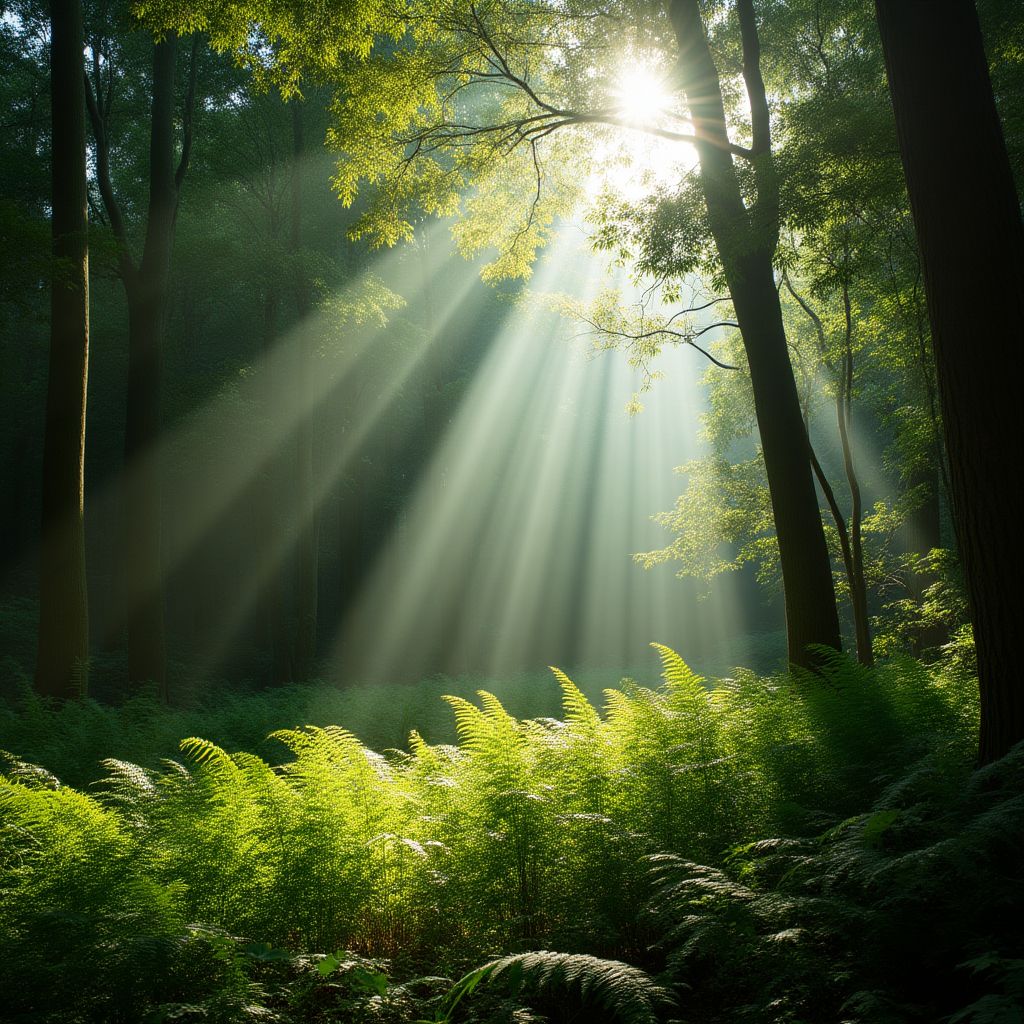 Sunlight filtering through the dense canopy of the Otway National Park rainforest.