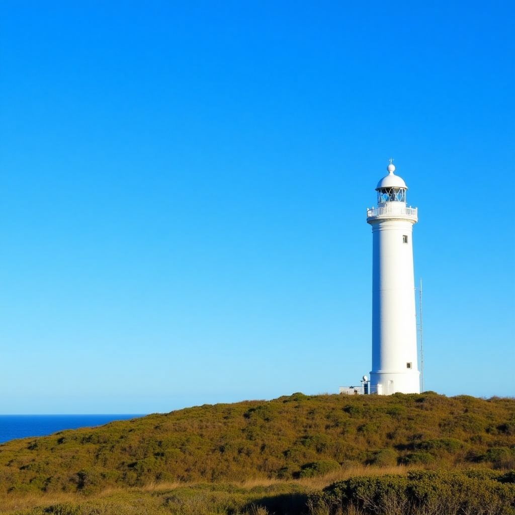 The iconic Split Point Lighthouse at Aireys Inlet against a blue sky.