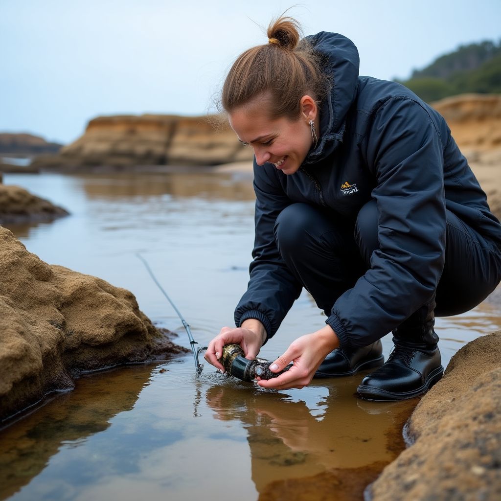 A marine biologist studying marine life in a rock pool at low tide.