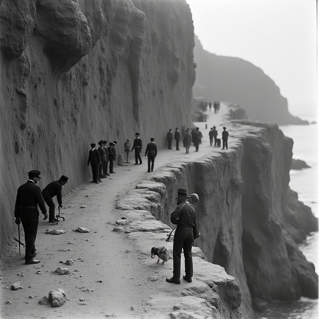 Vintage photo of workers building a section of the Great Ocean Road along a cliffside.